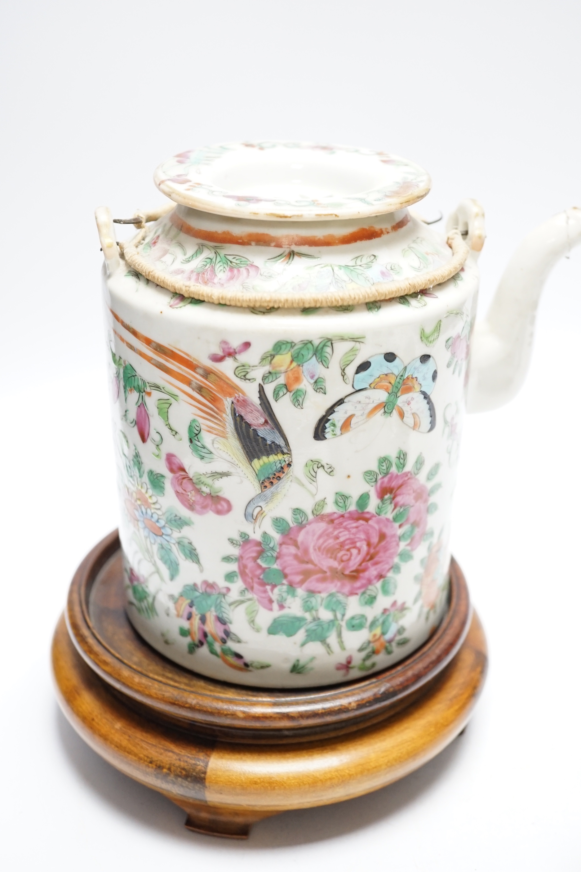 A Chinese famille rose inscribed hat stand and teapot and cover, both late 19th/early 20th century (2) tallest 29cm